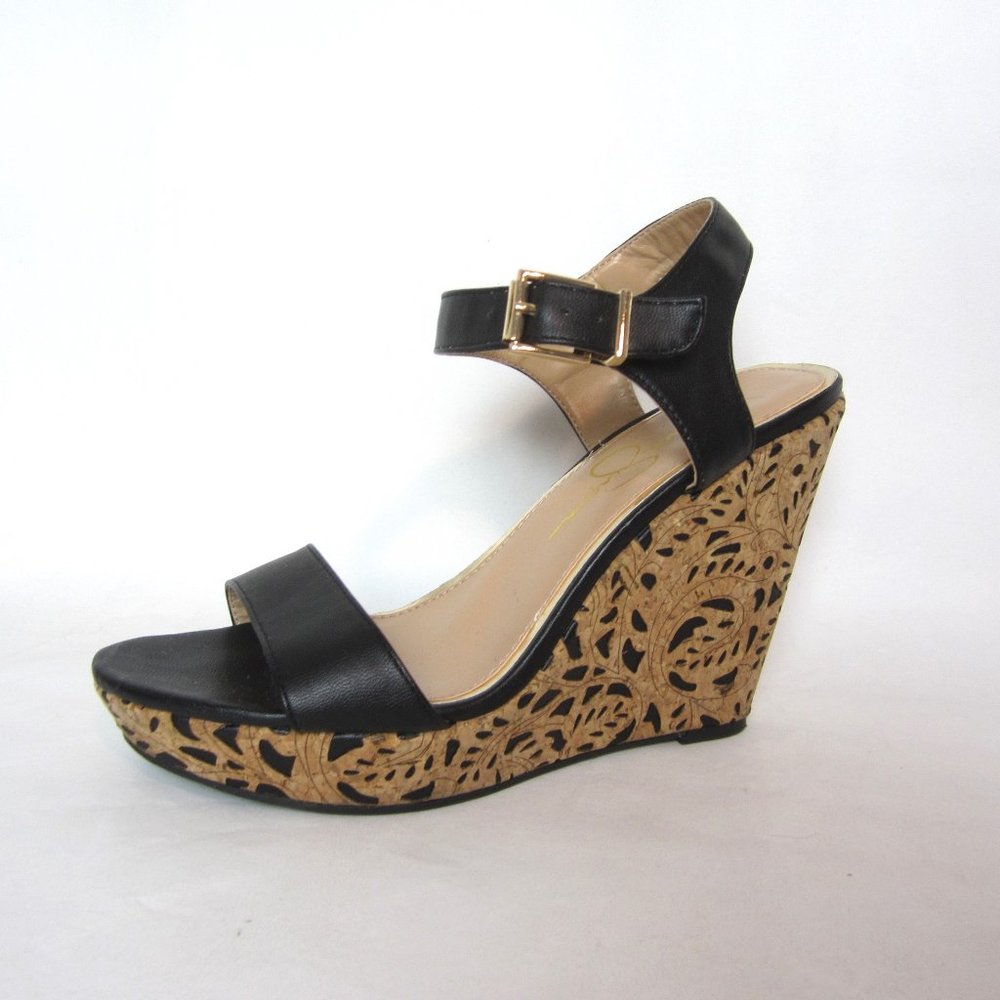 Jessica Simpson Black 4" Wedge Sandal Size 7.5 Vegan Faux Leather Cork Inlay EUC